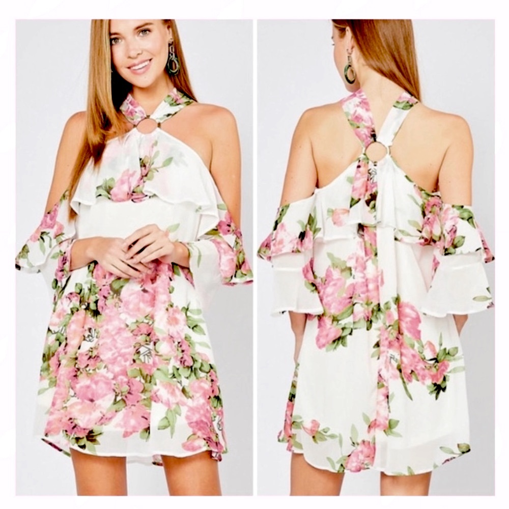 ENTRO Floral Halter Off The Shoulder Mini Dress